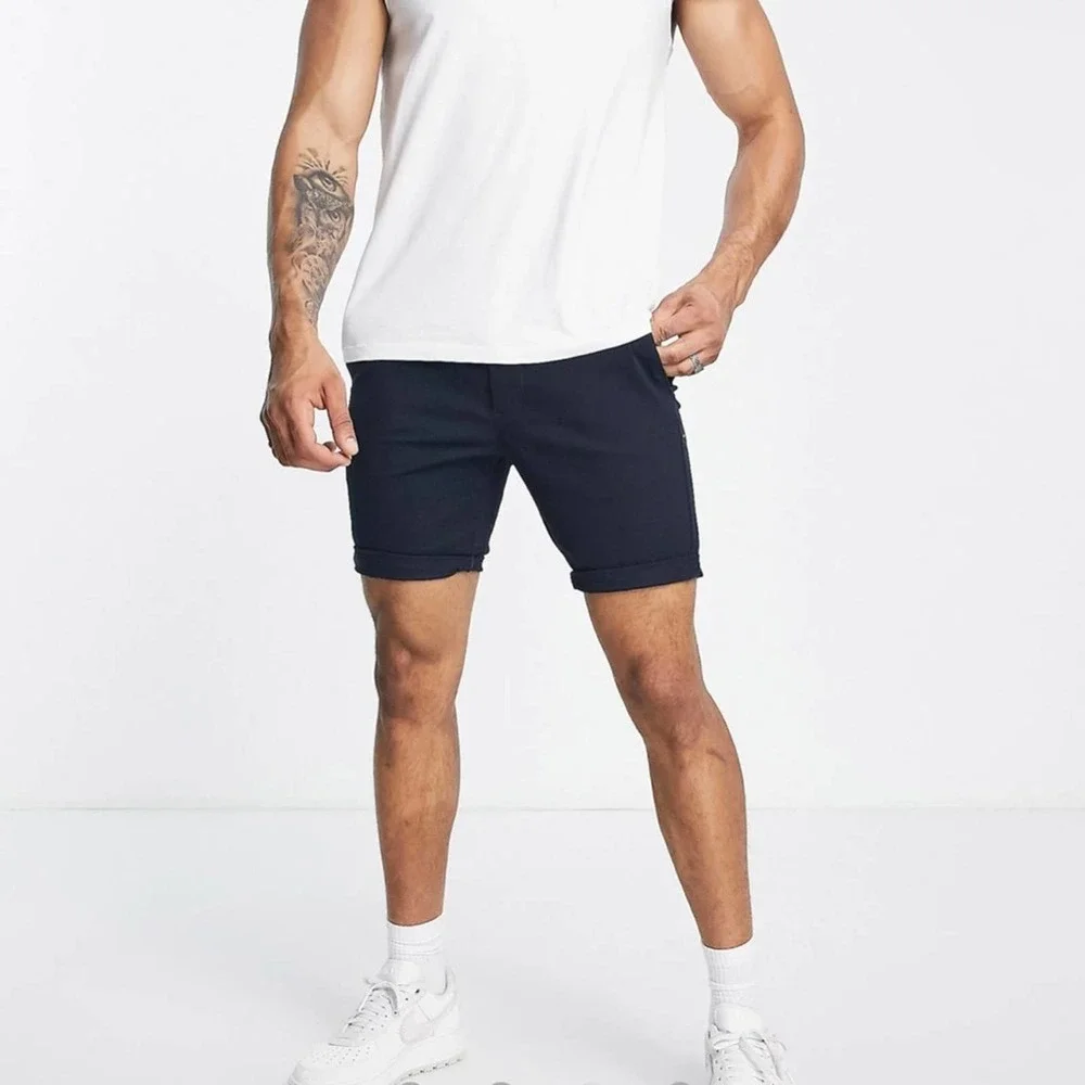 Asos Design NEW Button Fly Skinny Chino Shorts in Navy Blue 38 Waist - Picture 2 of 7